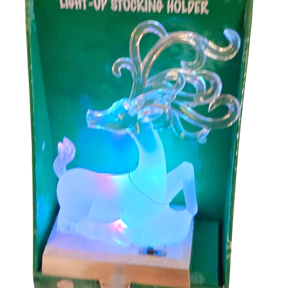 Lighted Acrylic Reindeer Stocking Holder Frosted Deer Christmas Mantel Decor NIB - Picture 6 of 7